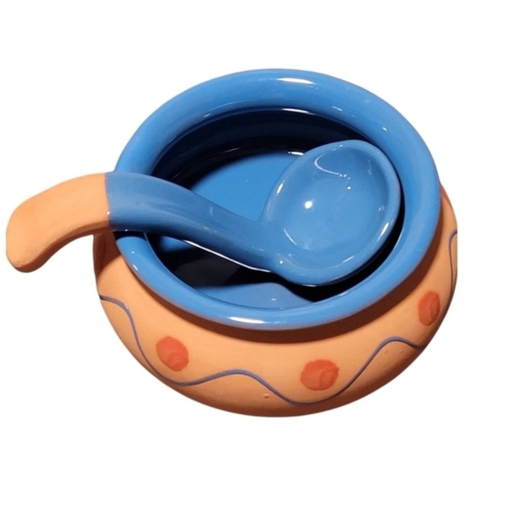 Himark Portugal Terracotta Salsa or Guacamole bowl matching spoon blue glaze